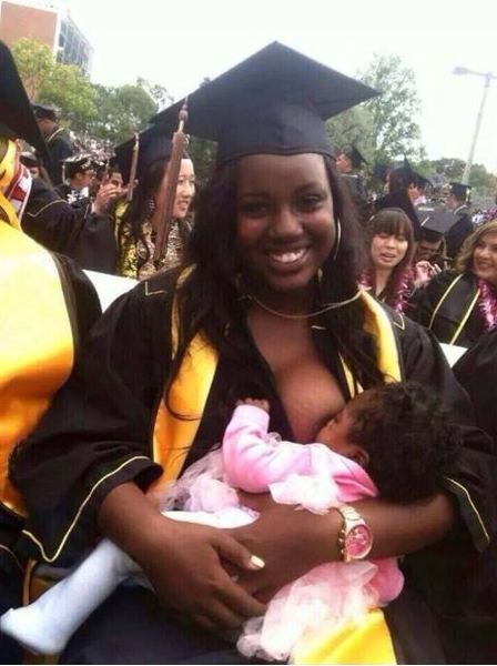 Karlesha Thurman breastfeeding baby girl at graduation ceremony